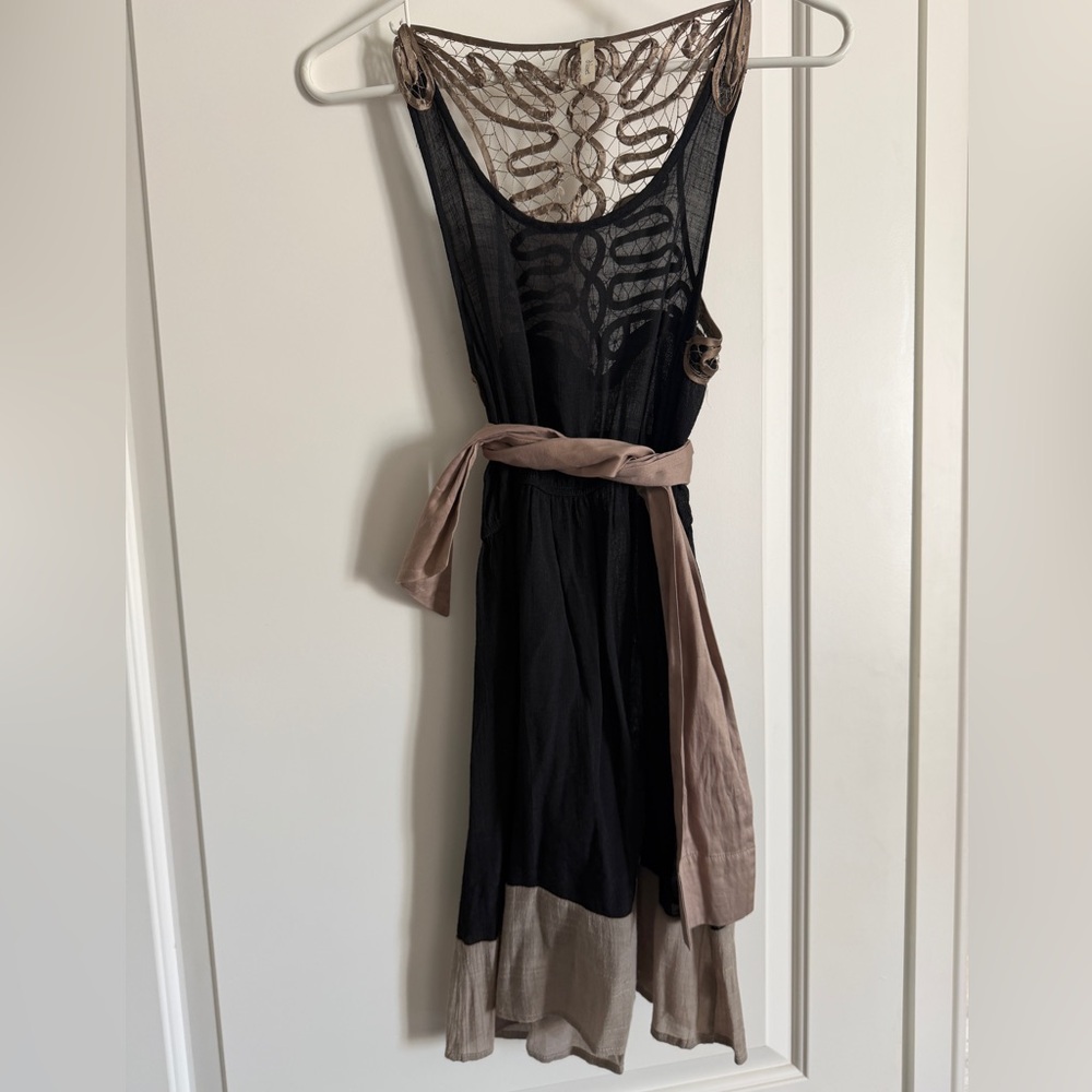 Black Sleeveless Mini Dress with Taupe Accents and Waist Sash
